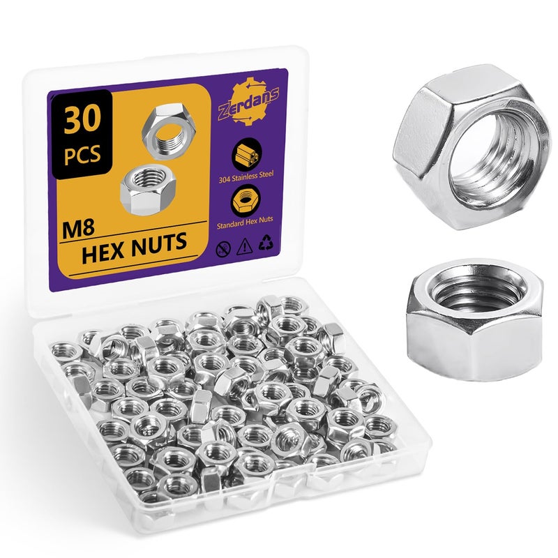 ZerDans M8 Hex Nuts, 30Pcs Metric 304 Stainless Steel Metal M8-1.25mm Hexagonal Nuts Hardware Set for Bolt for Furniture, Automotive, Industry and Construction, Full Thread - Image 1